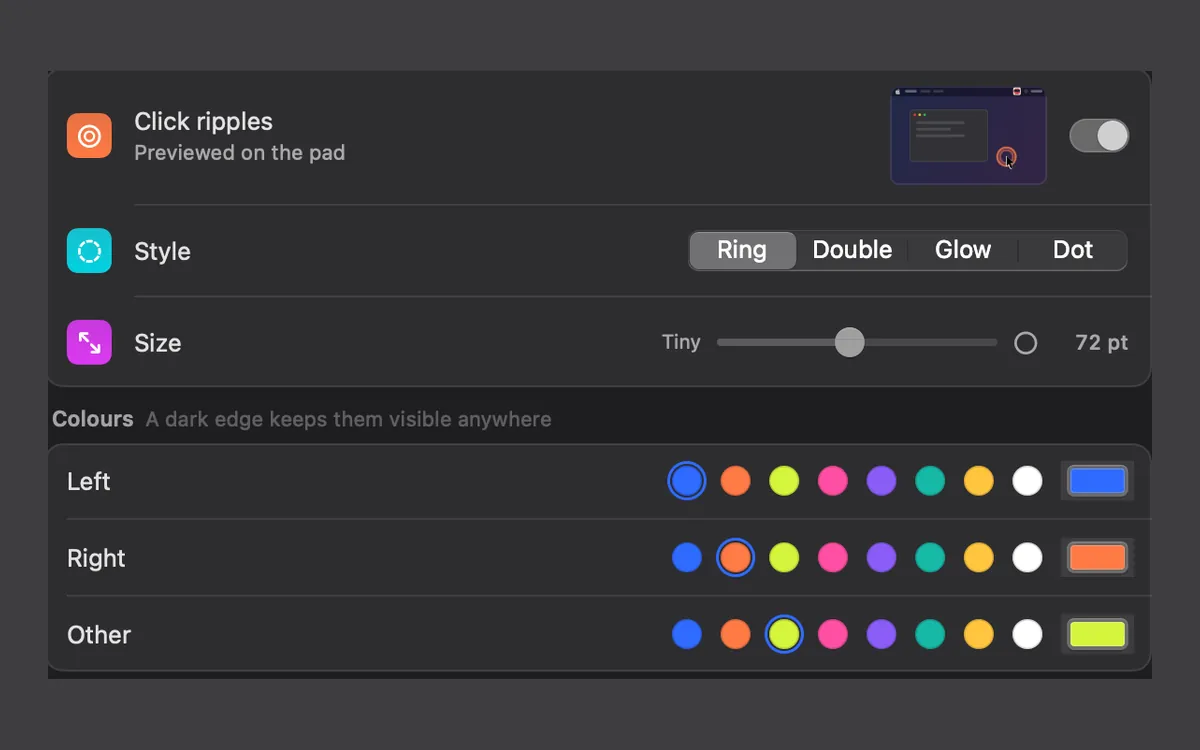 Click Ripples settings: style, size and a colour for each mouse button