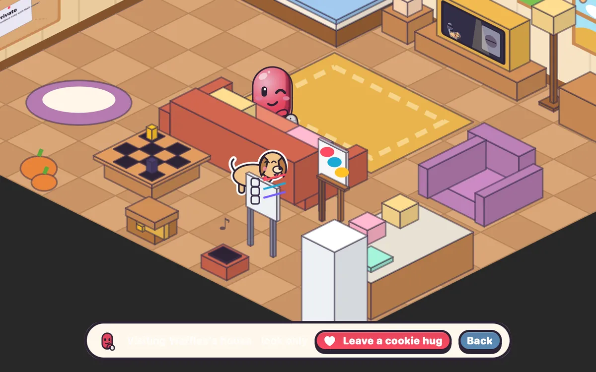 Visiting a friend’s Blip house, with the Leave a cookie hug button