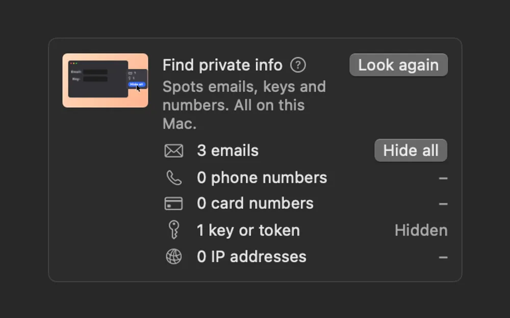Find private info in Demo Studio: 3 emails and 1 key found, with Hide all