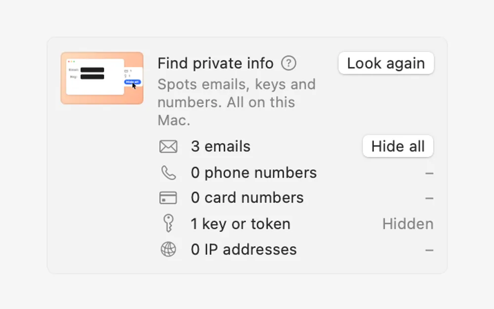 Find private info in Demo Studio: 3 emails and 1 key found, with Hide all