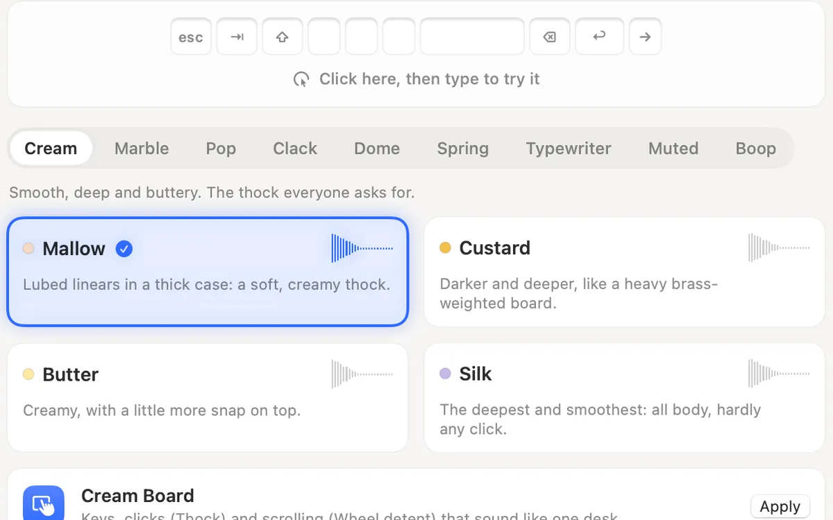 Keyboard settings: a try-it pad and the Cream sounds Mallow, Custard, Butter and Silk