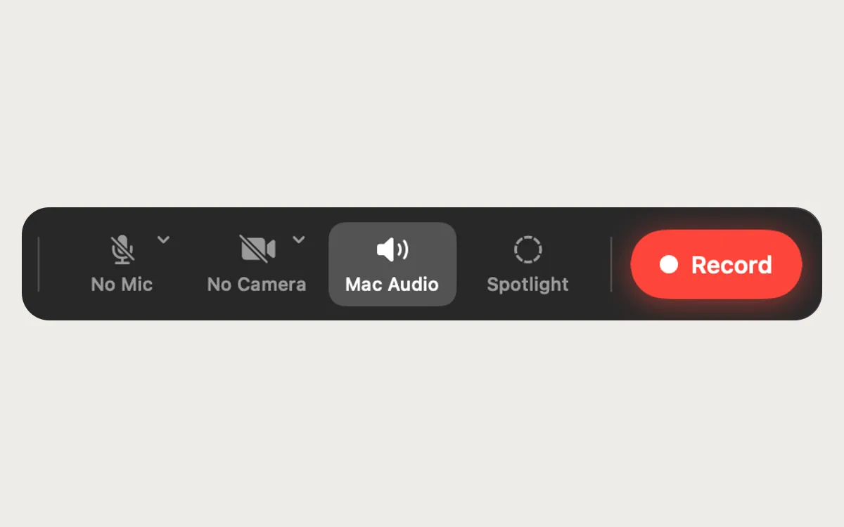 The recorder bar: No Mic, No Camera, Mac Audio on, Spotlight and Record