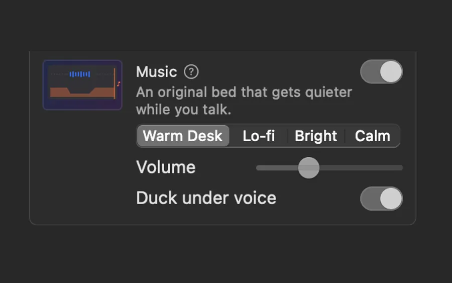 Demo Studio’s Music row: Warm Desk, Lo-fi, Bright or Calm, with volume and duck under voice