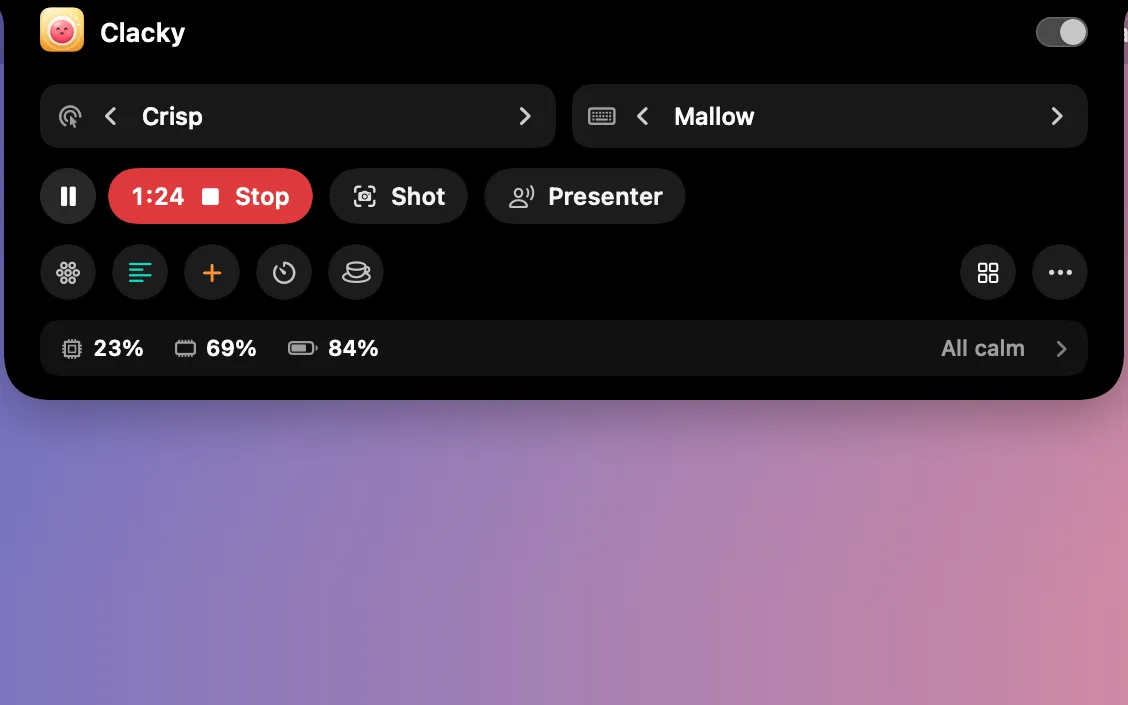 The notch while recording: 1:24 on the red Stop button, with Pause beside it