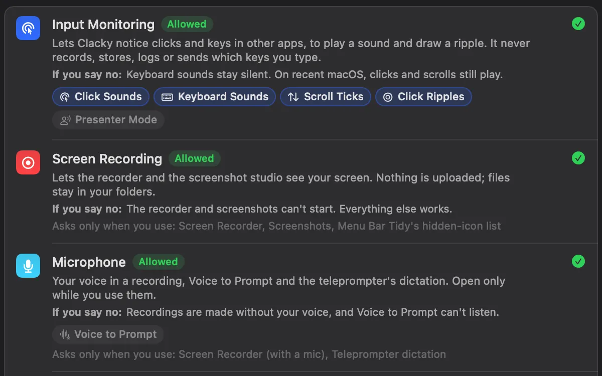 Privacy & Permissions: Input Monitoring, Screen Recording and Microphone, each explained