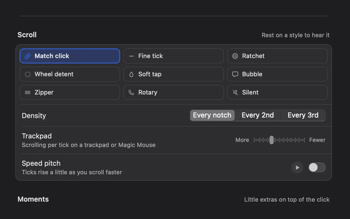 Scroll settings: nine scroll styles, density and speed pitch