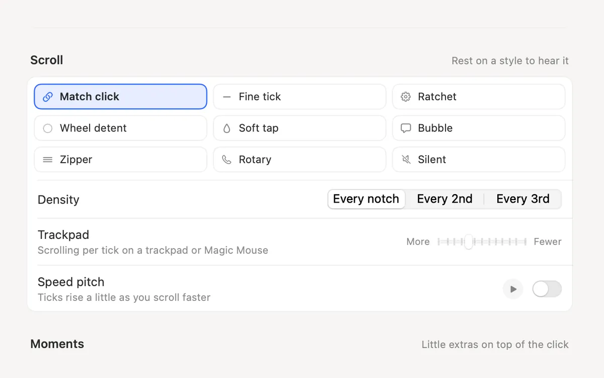 Scroll settings: nine scroll styles, density and speed pitch