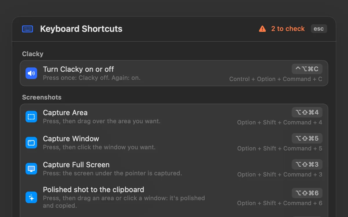 Keyboard Shortcuts list with two shortcuts flagged to check