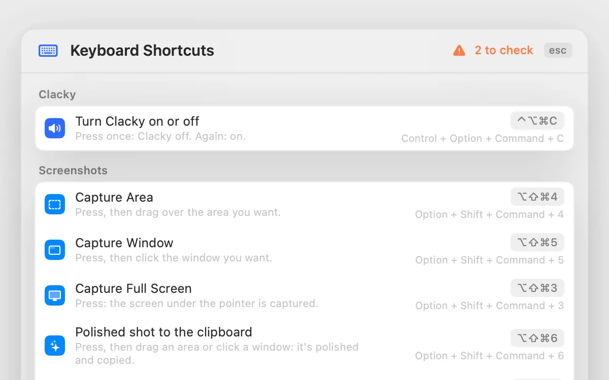 Keyboard Shortcuts list with two shortcuts flagged to check