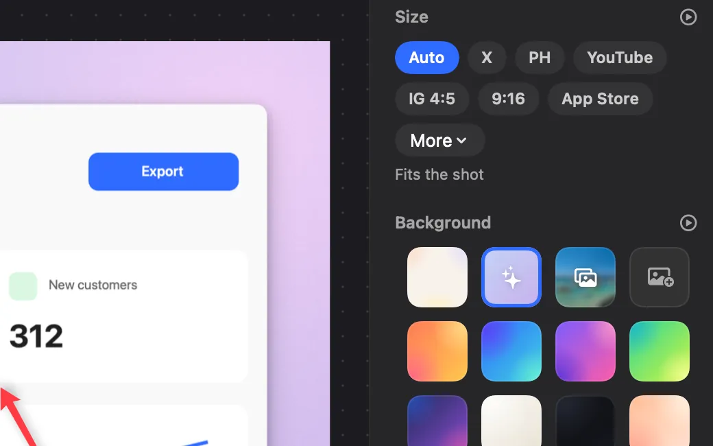 Screenshot editor: sizes for X, Product Hunt, YouTube, 4:5, 9:16 and App Store, with backgrounds